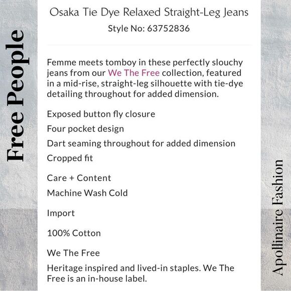 Free People Osaka Tie Dye Straight Leg Jeans Ivory Tan Combo Size 28 NWT - Picture 7 of 8